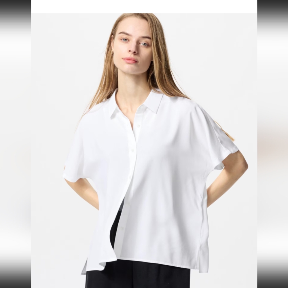 NWT Uniqlo Women's Short Sleeves Collared Button Up Shirt Blouse, Off White, S